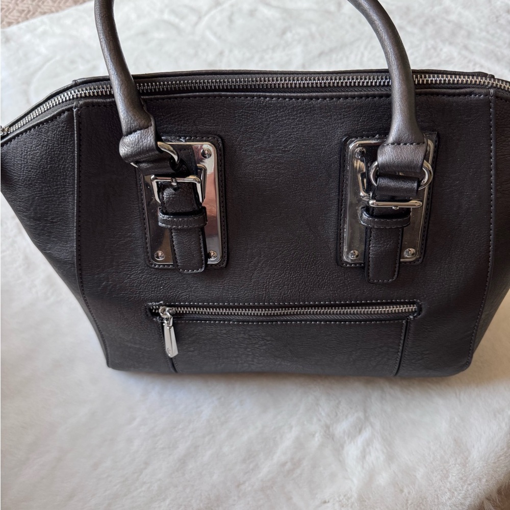 Platinum Gray Handbag with Silver Buckles